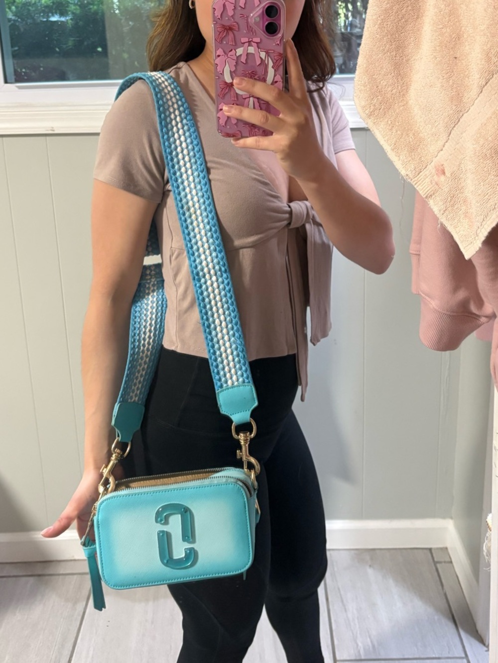 Aqua Leather Crossbody Bag with Wide Strap